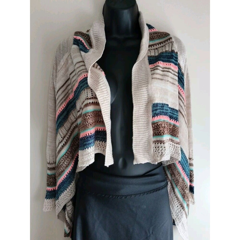 Eyeshadow Sweater Cardigan Boho Open Front Sz XS Southwestern Beige Blue Salmon